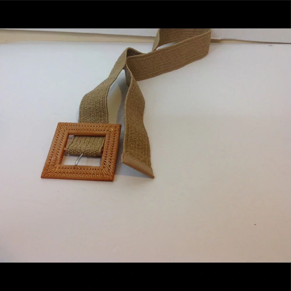 Tan Khaki Ratan Belt Square Buckle Stretch